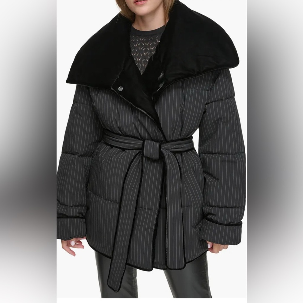 Andrew Marc Krithia Pinstripe Belted Puffer Coat